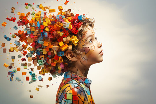 ADHD, attention deficit hyperactivity disorder, autism, mental health, head of a child with colorful jigsaw or puzzle pieces 