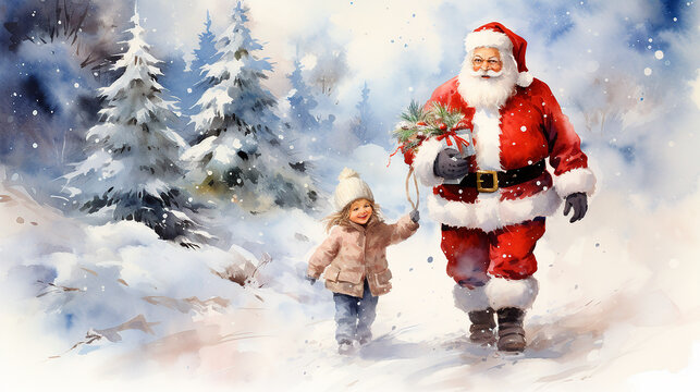 Papa noel ilustracion - Navidad santa klaus - Nieve ciervo pinos