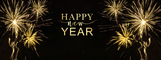 Sylvester, new year, new year's eve  2024 background banner panorama long greeting card - Golden firework fireworks pyrotechnics on dark black night sky - obrazy, fototapety, plakaty