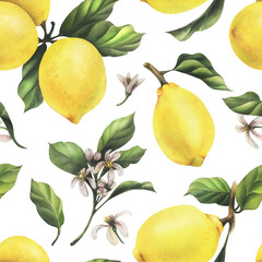 Lemons are yellow, juicy, ripe with green leaves, flower buds on the branches, whole and slices. Watercolor, hand drawn botanical illustration. Seamless pattern on a white background