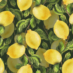 Lemons are yellow, juicy, ripe with green leaves, flower buds on the branches, whole and slices. Watercolor, hand drawn botanical illustration. Seamless pattern on a green background.