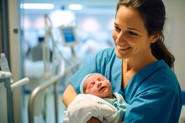 Nurse cradling a newborn baby, displaying genuine emotions of nurture and care for infant. New beginnings moment captured in a modern hospital setting - obrazy, fototapety, plakaty