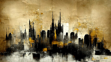 Fototapeta na wymiar Generative AI, Black and golden watercolor abstract cityscape painted background. Ink black street graffiti art on a textured paper vintage background, washes and brush strokes