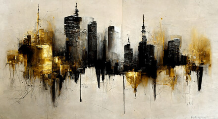 Generative AI, Black and golden watercolor abstract cityscape painted background. Ink black street graffiti art on a textured paper vintage background, washes and brush strokes