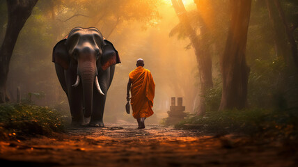 A Thai monk is walking with an elephant - obrazy, fototapety, plakaty