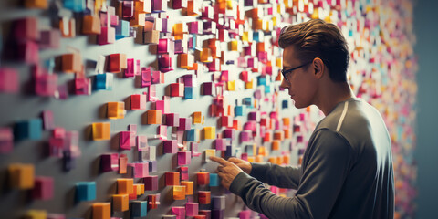 human and cute artificial intelligence putting colorful sticky notes on the wall