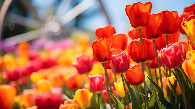 A traditional windmill, with vibrant tulip fields as the background, during a bright spring day
