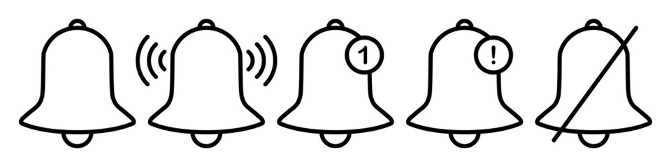 Set of black outline bell icons. Notification, ringing bell. New message. Alarm off, muted mode. Exclamation point	