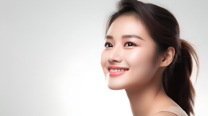 Obraz premium Asian women face with smooth health skin for advertising design. Korean, Chinese or Japanese Beautiful ageing young looking woman, beauty health skincare and cosmetics advertisement commercial ad