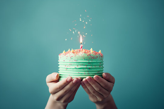A person is holding a cake with a small burning candle.