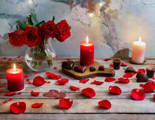 Valentine's decor Wooden table featuring red roses, scattered petals, candles, and heart-shaped chocolates for a romantic atmosphere.