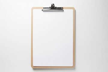 Brown clipboard with blank paper on grey background