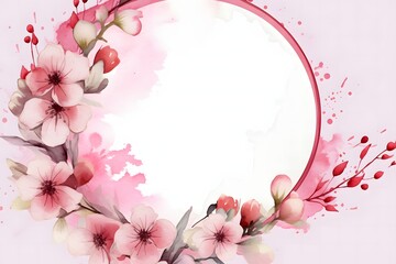 Fototapeta na wymiar Valentine's Day Frame with Pink Watercolor Flowers. Delightful Circle Illustration with copy-space
