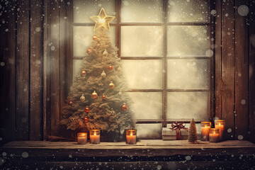 Fondo vintage de navidad con arbol decorado con bolas y estrella dorada, sobre mesa de madera rustica decorada con velas encendidas, sobre fondo de cristaleras y bokeh borroso - obrazy, fototapety, plakaty