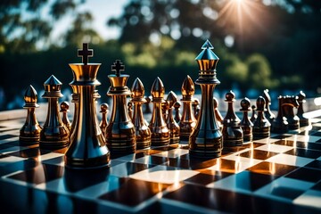 A beautiful steel fantasy chess set with board and a dramatic sun and sky.  - obrazy, fototapety, plakaty