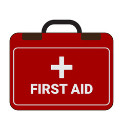 Obraz premium First aid box vector isolated. Red object with a cross on it, medical equipment, First aid storage, doctor's case.