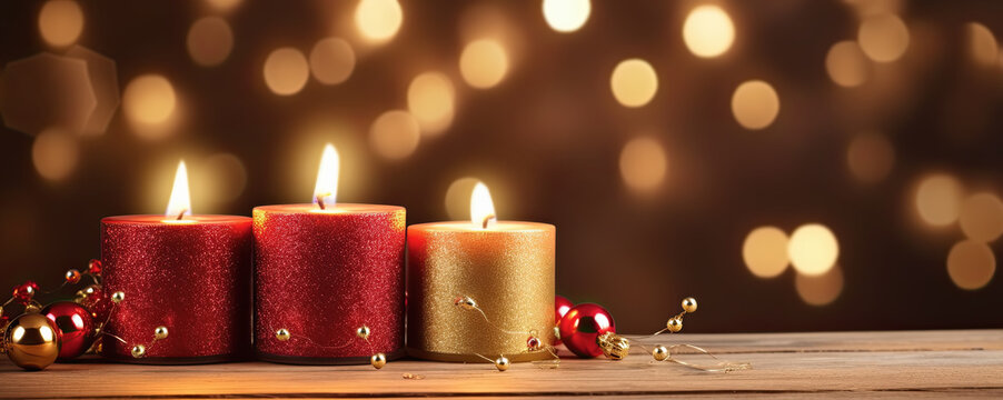 fondo abstracto navide&ntilde;o colorido con velas rojas y blancas encendidas junto a decoraci&oacute;n navide&ntilde;a sobre mesa expositor de madera y fondo dorado desenfocado con bokeh dorado