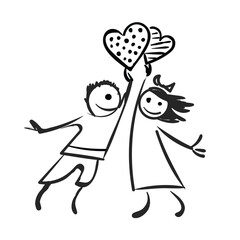Funny cartoon boy and girl holding the heart. Doodle style