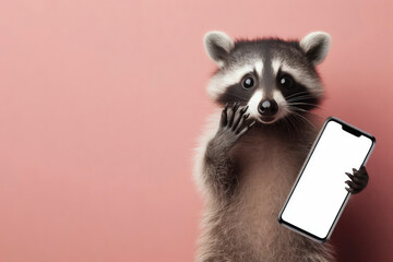 Shocked racoon holding smartphone with white mockup screen on solid color background. ai generative - obrazy, fototapety, plakaty