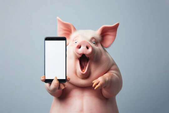Shocked pig holding smartphone with white mockup screen on solid color background. ai generative