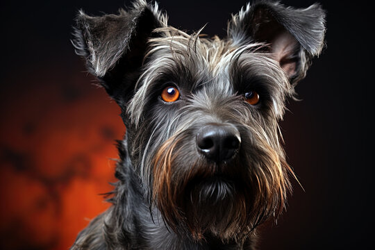 Zwergschnauzer dog on a black background, close up photo portrait. Ai art
