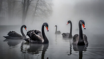 Black swans on a lake in the fog