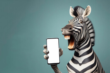 Shocked zebra holding smartphone with white mockup screen on solid color background. ai generative - obrazy, fototapety, plakaty