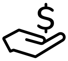Money icon in hand palm, giving a cash. Cash collect symbol.
Pictograph of money on hand Icon for web template design, website or mobile app. Vector Graphic of Banking, business, Black linear icon