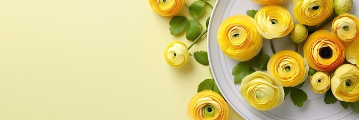 Easter spring banner with yellow ranunculus flowers on the table, top view