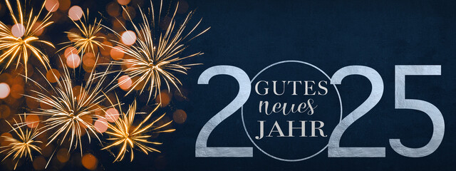 Gutes neues Jahr 2025 Silvester Feiertag Grußkarte mit deutschem Text - Feuerwerk in der Nacht am Himmel