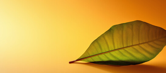 Green leaf on a solid orange background with space for text