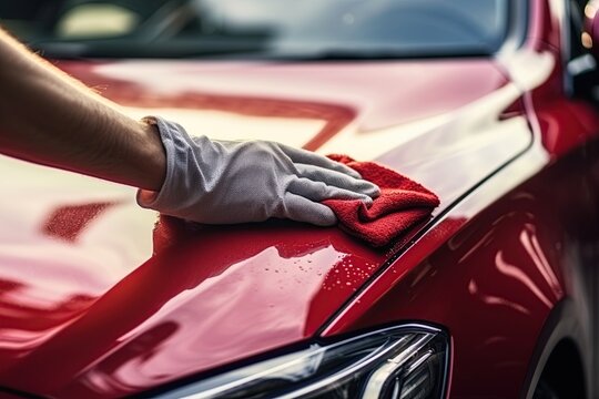 Washing car with cloth. Hand polishing vehicle. Ai Generative