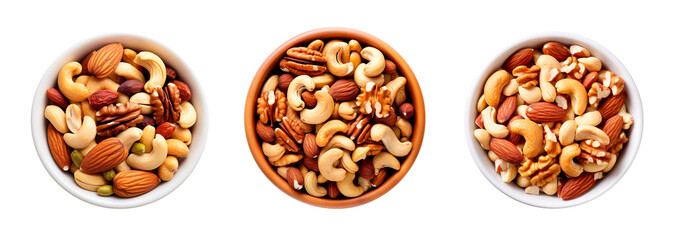 Mix of nuts such as almonds, cashews, peanuts, pecan nits om three different bowls over white transparent background - obrazy, fototapety, plakaty