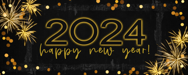 Happy New Year 2024, Silvester New Year's Eve firework party celebration holiday greeting card - Gold year date on golden fireworks, dark night background