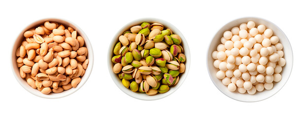 Top view of three bowls full of peanuts, pistachios and macadamia nuts on isolated transparent background