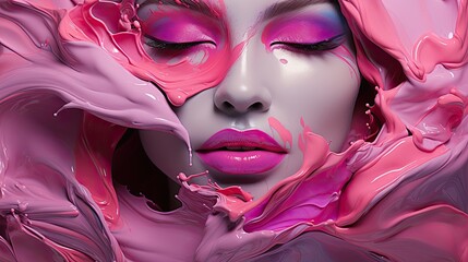 Beutiful Woman Face With Color Painting, Generative AI