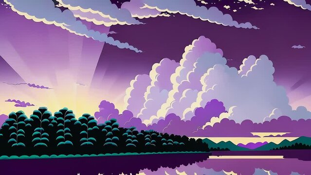 Serene Lake Scene with Purple, Pink, and White Clouds on a Purple Sky. Seamless Looped Flipbook animation.