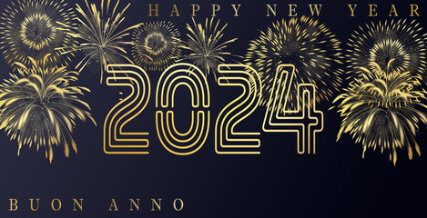 Happy New Year 2024. Golden numbers with ribbons and confetti on a dark purple background.