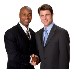 African American and Caucasian business men shaking hands and looking at camera. White transparent background