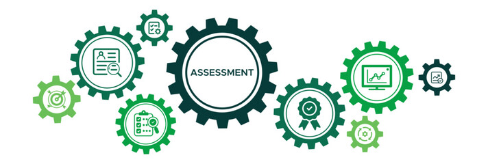 Assessment banner web icon vector illustration for accreditation and evaluation method on business and education with audit, analysis, plan, evaluation, quality,process,results and goal - obrazy, fototapety, plakaty