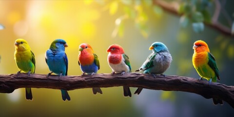 Colorful Birds Perched on a Lush Branch, Creating an Artistic Panorama of Exotic Feathered Paradise, a Kaleidoscopic Tapestry of Lively Elegance