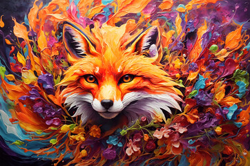 Abstract background of the face of a red fox with liquid paints for painting
