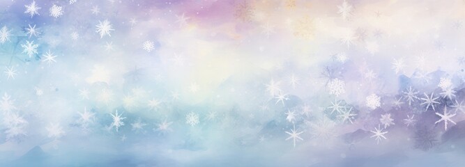 Fototapeta na wymiar Wide banner winter background with snowflakes and bokeh on soft blue background in watercolor style with space for text. Christmas, New Year Illustration