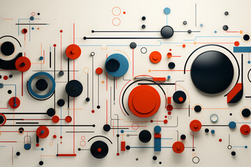 Close-up of geometric wall art with vibrant red and blue circles