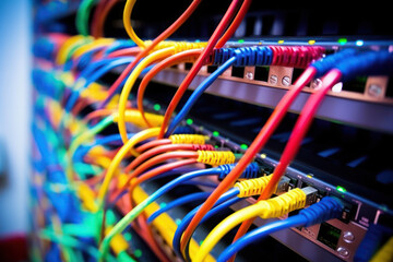 Color network cables connected in network switches.