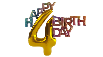 balloon text of Happy Birthday 4 years on white background, Happy Birthday Golden 3D text isolated on a white background.