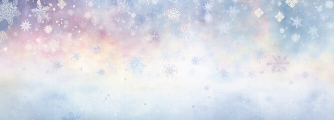 Wide banner winter background with snowflakes and bokeh on soft blue background in watercolor style with space for text. Christmas, New Year Illustration - obrazy, fototapety, plakaty