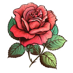 Vintage sketched red rose isolated on white background, transparent. Cottagecore illustration