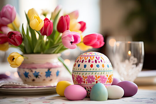 Elegant Easter Arrangement with Tulips and Painted Eggs