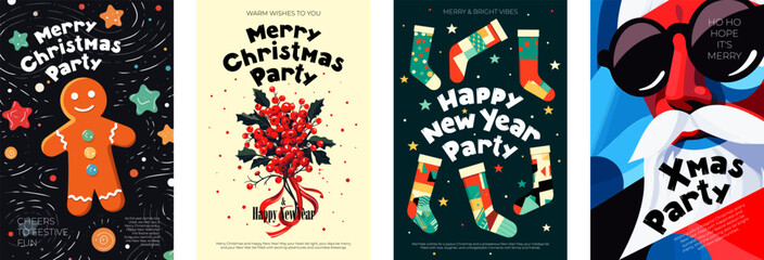 Merry Christmas and Happy New Year poster. Winter holiday Xmas eve abstract banner. Joyful gingerbread man, mistletoe sprig and Santa Claus invite to celebrate. Creative art drawing celebration print